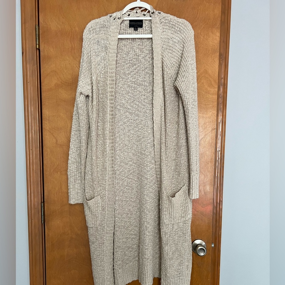 Gorgeous, long taupe knit sweater. With cute lacing at shoulders